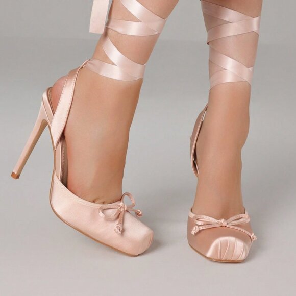 Nude Casual Women's Ballet Mary Janes Elegant Satin Stiletto Heels - Picture 3 of 5